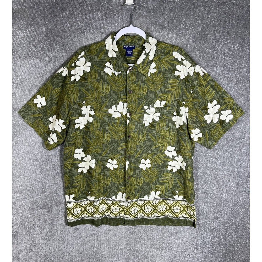 High Sierra Linen Rayon Hawaiian‎ Floral Button Up Shirt Mens Large Green Pocket